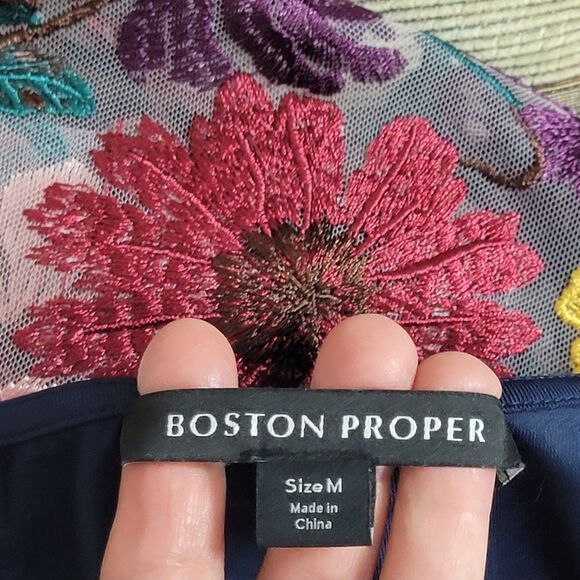 Boston Proper Blouse Womens Medium Blue Mesh Embroidered Floral Long Sleeve Top - Picture 9 of 12